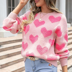 Fuzzy heart pink knit sweater Valentine